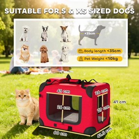 PawHut Transportin pliabil pentru câini 60x41,5x41 cm cu ferestre din plasă, pernă moale și 2 mânere pentru câini mici și pisici Roșu | Aosom Romania