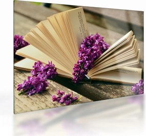 Tablou pe sticlă cu carte și floare violetă (70x50 cm)