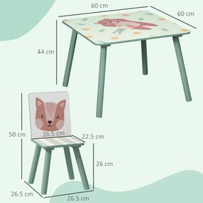 Set masă și scaun ZONEKIZ de 3 piese pentru copii cu vârsta de 3-8 ani din MDF și lemn de pin cu desene animale, de culoare verde | Aosom Romania