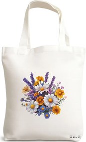 Sacosa de Panza pentru Cumparaturi, Geanta Tote, model Flowers 13 38 x 34.5 cm, Alba, BEKZ®