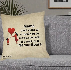 Cadou pentru Mama - Perna Personalizata Mama Nemuritoare cu Bebelus Kawaii, 40x40 cm, Crem, Husa Detasabila, Perna Inclusa, BEKZ®