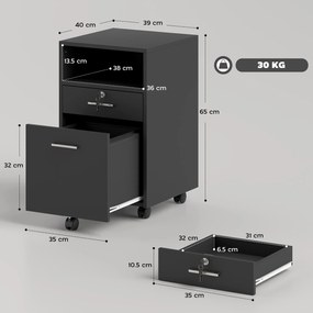 Vinsetto Comodă de Birou cu 2 Sertare și Raft Deschis, Mobilier cu 5 Rotile, Încuietoare și 2 Chei, 39x40x65 cm, Negru | Aosom Romania