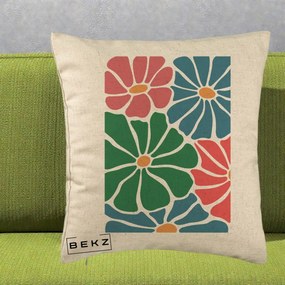 Perna Decorativa Flori Grafice Verde-Roz-Albastru, 40x40 cm, Bej, Husa Detasabila, Perna Inclusa, BEKZ®