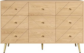 Comodă cu 9 sertare, cu mult spațiu de depozitare, modele geometrice, 120x39x80 cm, Culoare naturală