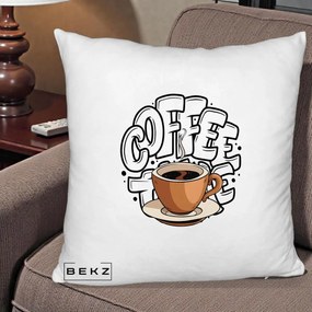 Perna Personalizata COFFEE cu Cana, 40x40 cm, Alb Pufos, Husa Detasabila, Perna Inclusa, BEKZ®