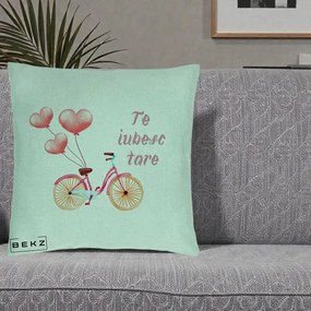 Perna Decorativa Te Iubesc Tare cu Bicicleta Roz si Baloane Inima, 40x40 cm, Verde Menta, Husa Detasabila, Perna Inclusa, BEKZ®