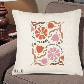 Perna Decorativa Life is a Balance Floral, 40x40 cm, Crem Reliefat, Husa Detasabila, Perna Inclusa, BEKZ®