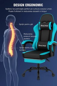 Scaun gaming, Masaj în perna lombară, Suport picioare, Rabatabil 90-165°, piele PU, Negru/Albastru