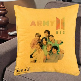 Perna Personalizata K-pop BTS ARMY Fotografie Grup Veseli, 40x40 cm, Galben, Husa Detasabila, Perna Inclusa, BEKZ®