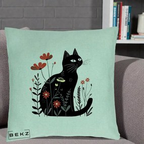 Perna Decorativa Pisica Neagra Flori Rosii Folk, 40x40 cm, Verde Menta, Husa Detasabila, Perna Inclusa, BEKZ®