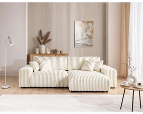 Colțar crem extensibil, cu spațiu de depozitare, cu tapițerie din catifea reiată (cu colț pe partea dreaptă) Sarina – Ropez