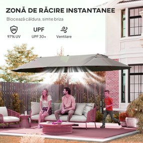 Outsunny Umbrelă Dublă pentru Grădină 455x265x238 cm, Parasolar Mare cu Manivelă Manuală, Rezistentă la Apă, Protecție Solară Gri | Aosom Romania