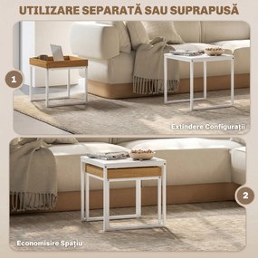 HOMCOM Set de Măsuțe de Cafea Impilabile Moderne cu Tavă, 45x45x45 cm, Alb și Stejar | Aosom Romania