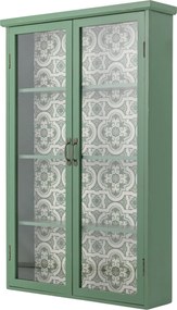 Dulap din lemn masiv verde cu uși vitrate și model floral interior, 81×18×122 cm, „Hazem"