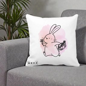 Perna Decorativa Iepuras Kawaii cu Cosulet Floral, 40x40 cm, Alba Mata, Husa Detasabila, Perna Inclusa, BEKZ®