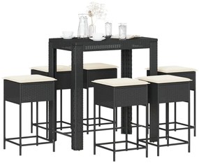 3261455 vidaXL Set bar de grădină, 7 piese, cu perne, negru, poliratan