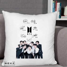 Perna Personalizata K-pop BTS Autografe Toti Membrii cu Fotografie, 40x40 cm, Alb Pufos, Husa Detasabila, Perna Inclusa, BEKZ®
