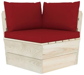 Set mobilier gradina din paleti cu perne, 9 piese, lemn molid Bordo, 3x colt + 4x mijloc + masa + suport pentru picioare, 1