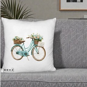 Perna Decorativa Bicicleta Teal cu Cosuri Duble de Flori Vintage, 40x40 cm, Alb Pufos, Husa Detasabila, Perna Inclusa, BEKZ®