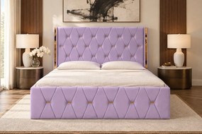Pat tapițat din catifea Liora 160×200 cm, lila, cu ladă de depozitare