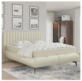 Pat tapițat ALEXA 140x200 cm, cu saltele și spațiu de depozitare, bej