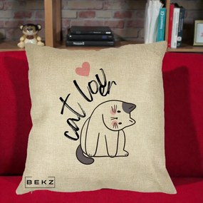 Perna Personalizata Cat Lover Pisica Ilustratie Linie, 40x40 cm, Crem, Husa Detasabila, Perna Inclusa, BEKZ®