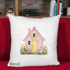 Perna Decorativa Casuta Roz Acuarela cu Gradina, 40x40 cm, Alb Pufos, Husa Detasabila, Perna Inclusa, BEKZ®