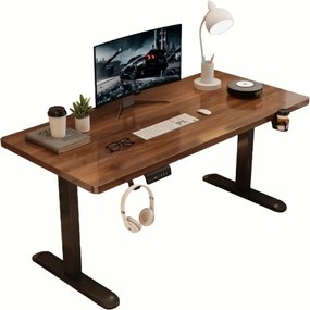 RESIGILAT- Birou reglabil în înălțime, două motoare electrice ridicare, suport caști, suport pahar, 140x60 cm, Nuc