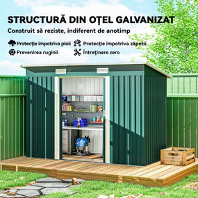 Outsunny Căsuță de Grădină 3,18m² din Oțel Zincat cu 2 Guri de Aerisire, Depozit pentru Unelte cu Uși Duble Culisante, Acoperiș Înclinat, 272x134x182 cm, Verde Întunecat | Aosom Romania