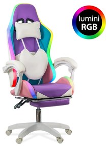 Scaun gaming cu iluminare RGB si suport pentru picioare OFF 298 mov si roz