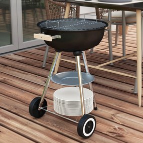 Outsunny Grătar cu Cărbuni, Grilaj Metalic, Capac, Orificii de Aerisire, Roți, Raft și Mâner, 48x56x94 cm, Negru | Aosom Romania