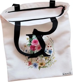 Sacosa de Panza pentru Cumparaturi, Geanta Tote, Cu litera K in Coronita Florala, Cu fermoar, 38x34.5 cm, Alba, BEKZ®