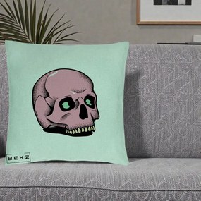 Perna Decorativa Craniu Roz Tatoo Art Halloween, 40x40 cm, Verde Menta, Husa Detasabila, Perna Inclusa, BEKZ®