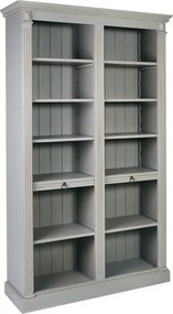 Bibliotecă înaltă din lemn, gri, cu 10 rafturi deschise, dintre care 2 culisante, și pilaștri cu caneluri, 197 x 120 x 37 cm, „Oslo”