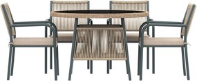 Set mobilier de grădină modern, 5 piese, masă rotundă cu blat din sticlă securizată, 4 scaune cu brațe cu spătar din sfoară, Gri