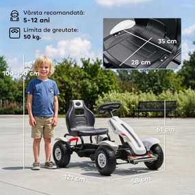 HOMCOM Kart cu Pedale pentru Copii 5-12 Ani cu Scaun Reglabil, Anvelope Gonflabile, Frână de Mână, Design de Curse, Alb și Negru | Aosom Romania