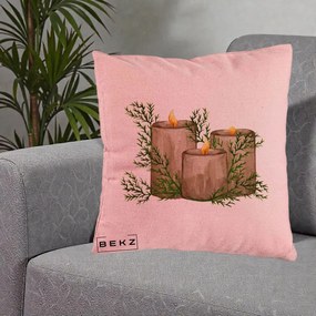 Perna Decorativa Lumanari Rustice cu Crengute Brad, 40x40 cm, Roz, Husa Detasabila, Perna Inclusa, BEKZ®