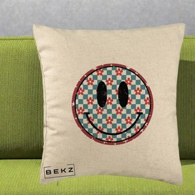 Perna Decorativa Smiley Face Checkered cu Floricele, 40x40 cm, Bej, Husa Detasabila, Perna Inclusa, BEKZ®