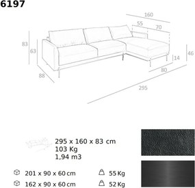 Coltar LUX 5 locuri design italian cu sezlong dreapta Cowhide black