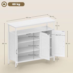 HOMCOM Bufet de Bucătărie cu Raft Deschis și 2 Dulapuri, Mobilier de Bucătărie cu Rafturi Ajustabile din Lemn, Bufet pentru Hol, Sufragerie și Sala de Mese, 100x35x88 cm, Alb | Aosom Romania