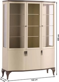 Vitrină lemn masiv nuc cu trei usi Leona Crem-, 142 × 51 × 205 cm