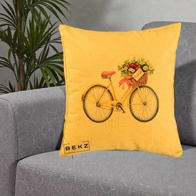 Perna Decorativa Bicicleta Galbena cu Cos de Flori Primavara, 40x40 cm, Galben, Husa Detasabila, Perna Inclusa, BEKZ®
