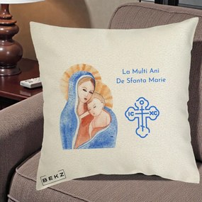Cadou de Onomastica - Perna Personalizata Sfanta Marie Icoana Acuarela, 40x40 cm, Ecru, Husa Detasabila, Perna Inclusa, BEKZ®