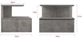 Noptiera montabila pe perete un sertar  o polita 40x35x31 cm PAL  aspect gri beton