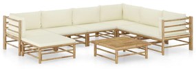 Set mobilier de gradina, 8 piese, perne alb crem, bambus Crem, 3x colt + 3x mijloc + suport pentru picioare + masa, 1