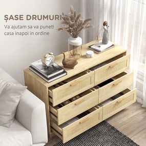 HOMCOM cu 6 sertare în stil Boho pentru dormitor și hol, din lemn și rattan, 110x40x69 cm, Stejar | Aosom Romania