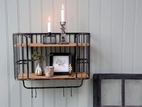 Etajeră de perete vintage, din metal, cu 5 agățători, finisaj negru antichizat, Old Shelf