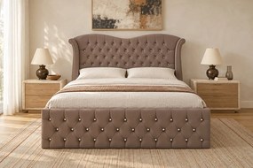 Pat tapițat Chesterfield Avella 160×200 cm, cappuccino, cu ladă de depozitare