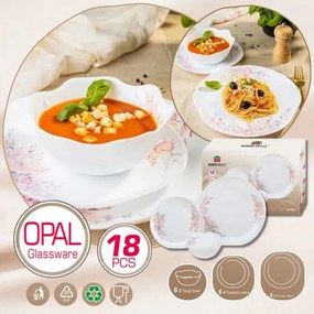 Set de masă Kinghoff KH 2035, 18 piese, pentru 6 persoane, sticlă opală, motiv floral, alb