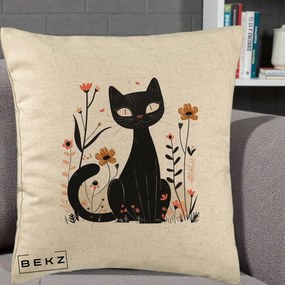 Perna Decorativa Pisica Neagra Flori Pastel Folk, 40x40 cm, Bej, Husa Detasabila, Perna Inclusa, BEKZ®